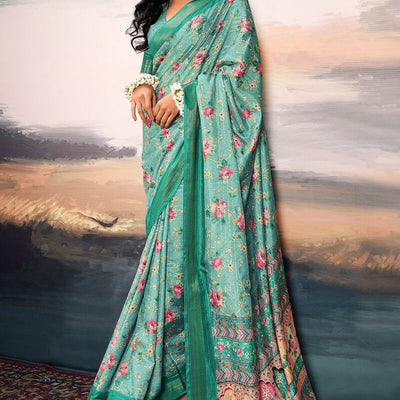 Ephemeral Sea Green Digital Printed Cotton Silk Saree With Moiety Blouse Piece