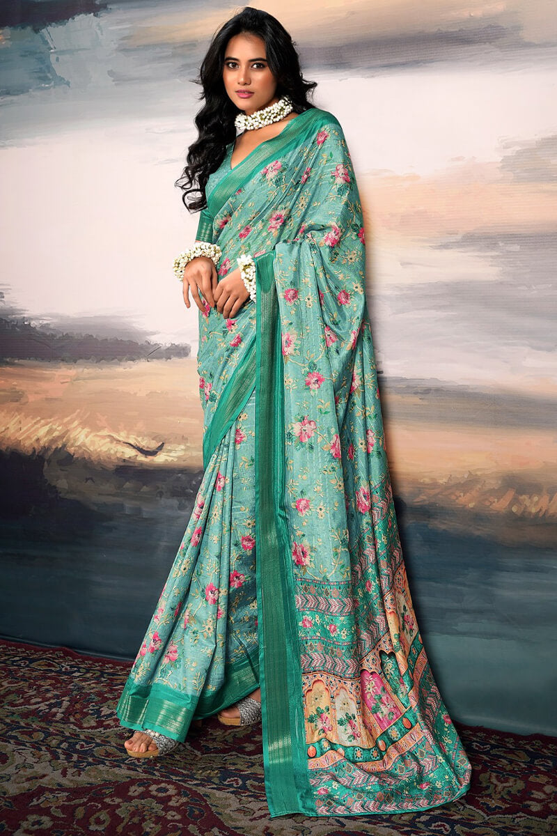 Ephemeral Sea Green Digital Printed Cotton Silk Saree With Moiety Blouse Piece
