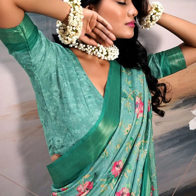 Ephemeral Sea Green Digital Printed Cotton Silk Saree With Moiety Blouse Piece