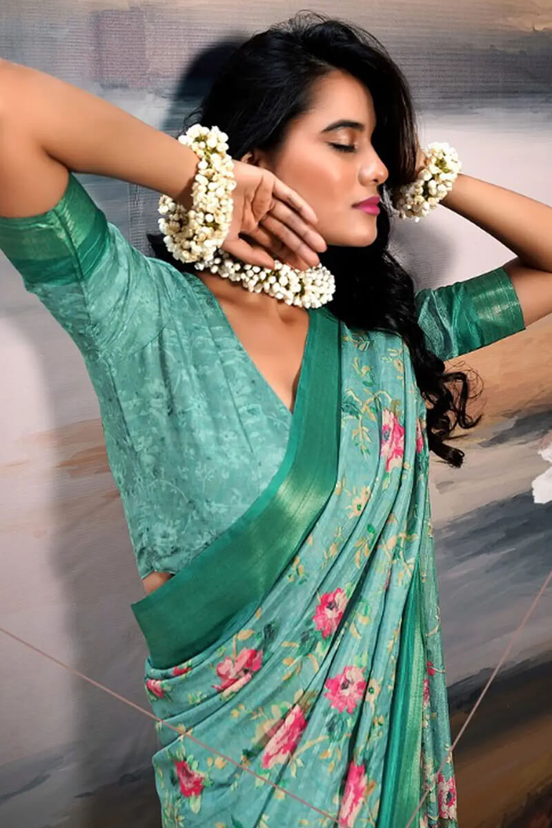 Ephemeral Sea Green Digital Printed Cotton Silk Saree With Moiety Blouse Piece