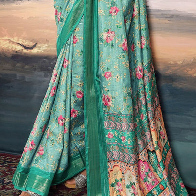 Ephemeral Sea Green Digital Printed Cotton Silk Saree With Moiety Blouse Piece