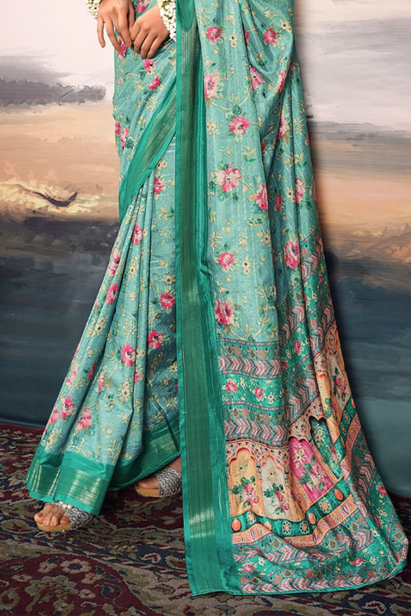 Ephemeral Sea Green Digital Printed Cotton Silk Saree With Moiety Blouse Piece