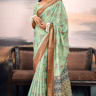Efflorescence Green Digital Printed Cotton Silk Saree With Improbable Blouse Piece
