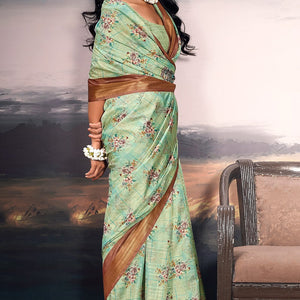 Efflorescence Green Digital Printed Cotton Silk Saree With Improbable Blouse Piece