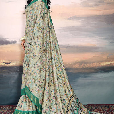 Jubilant Pista Digital Printed Cotton Silk Saree With Beautiful Blouse Piece