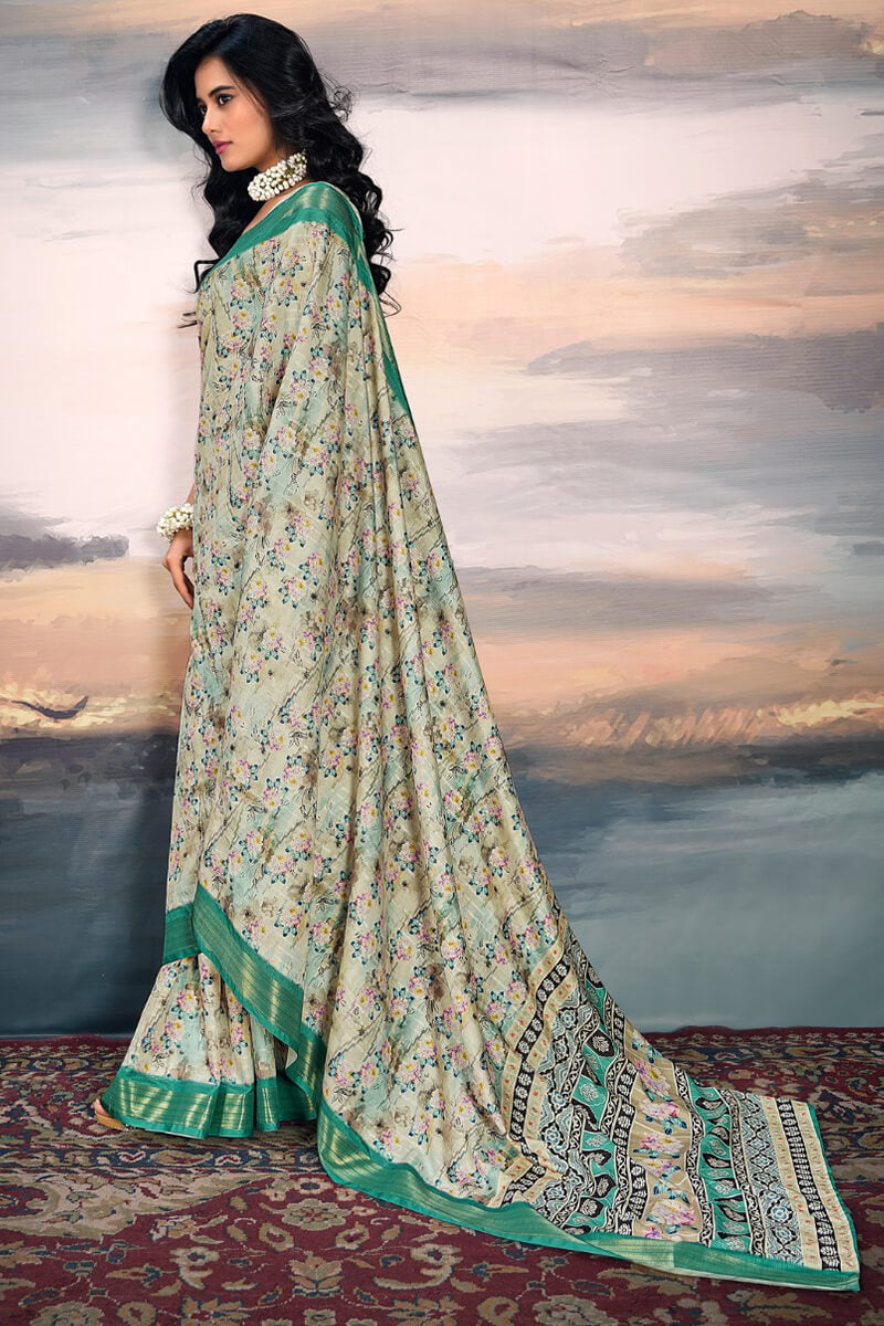 Jubilant Pista Digital Printed Cotton Silk Saree With Beautiful Blouse Piece