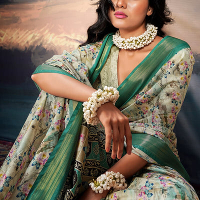 Jubilant Pista Digital Printed Cotton Silk Saree With Beautiful Blouse Piece