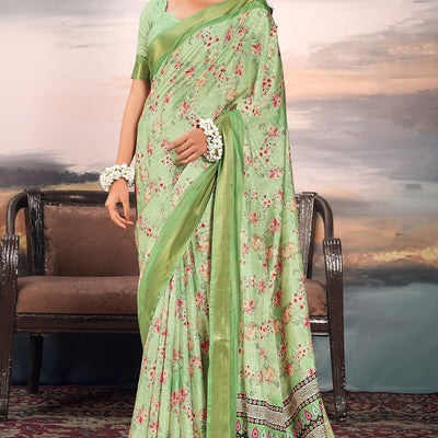Nebula Green Digital Printed Cotton Silk Saree With Evanescent Blouse Piece