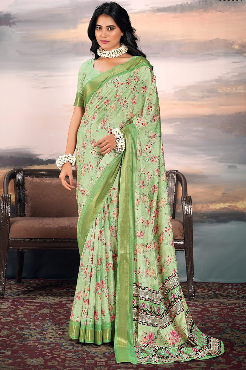 Nebula Green Digital Printed Cotton Silk Saree With Evanescent Blouse Piece