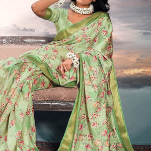 Nebula Green Digital Printed Cotton Silk Saree With Evanescent Blouse Piece