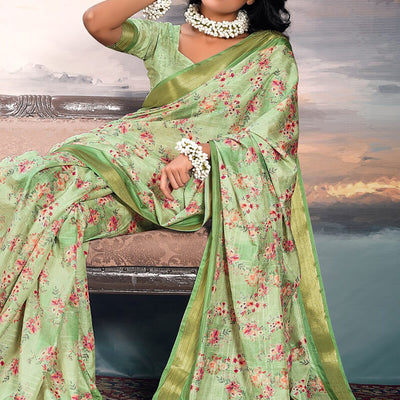 Nebula Green Digital Printed Cotton Silk Saree With Evanescent Blouse Piece