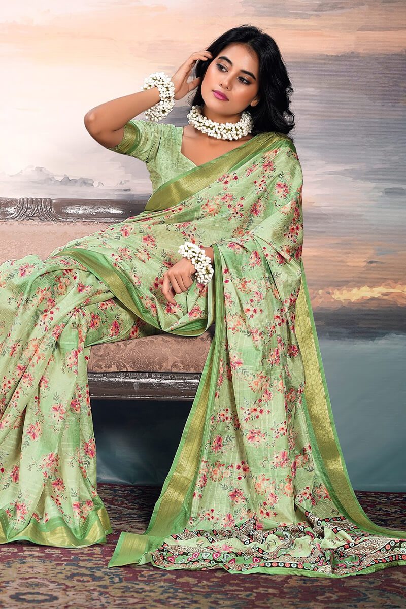 Nebula Green Digital Printed Cotton Silk Saree With Evanescent Blouse Piece