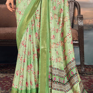 Nebula Green Digital Printed Cotton Silk Saree With Evanescent Blouse Piece