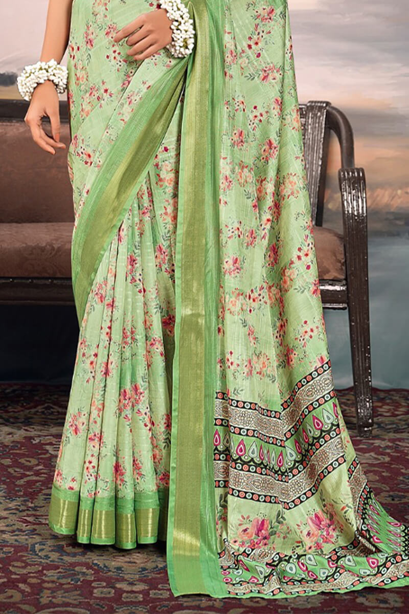 Nebula Green Digital Printed Cotton Silk Saree With Evanescent Blouse Piece