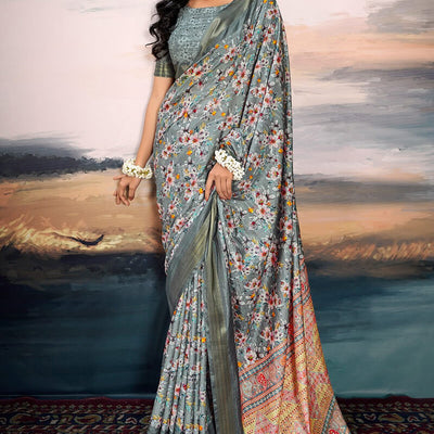Glamorous Grey Digital Printed Cotton Silk Saree With Attractive Blouse Piece