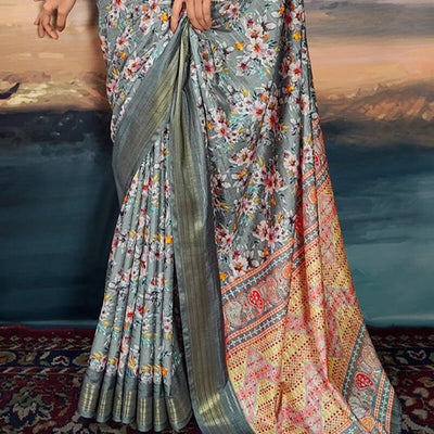 Glamorous Grey Digital Printed Cotton Silk Saree With Attractive Blouse Piece