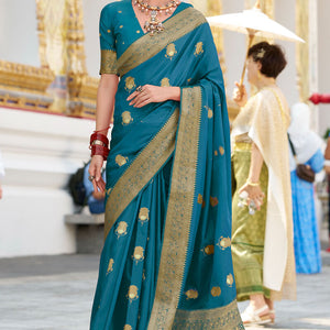 Invaluable Teal Blue Banarasi Satin Silk Saree With Radiant Blouse