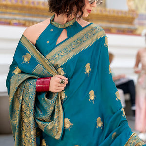 Invaluable Teal Blue Banarasi Satin Silk Saree With Radiant Blouse