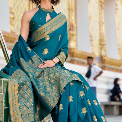 Invaluable Teal Blue Banarasi Satin Silk Saree With Radiant Blouse