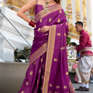 Classic Purple Banarasi Satin Silk Saree With Invaluable Blouse