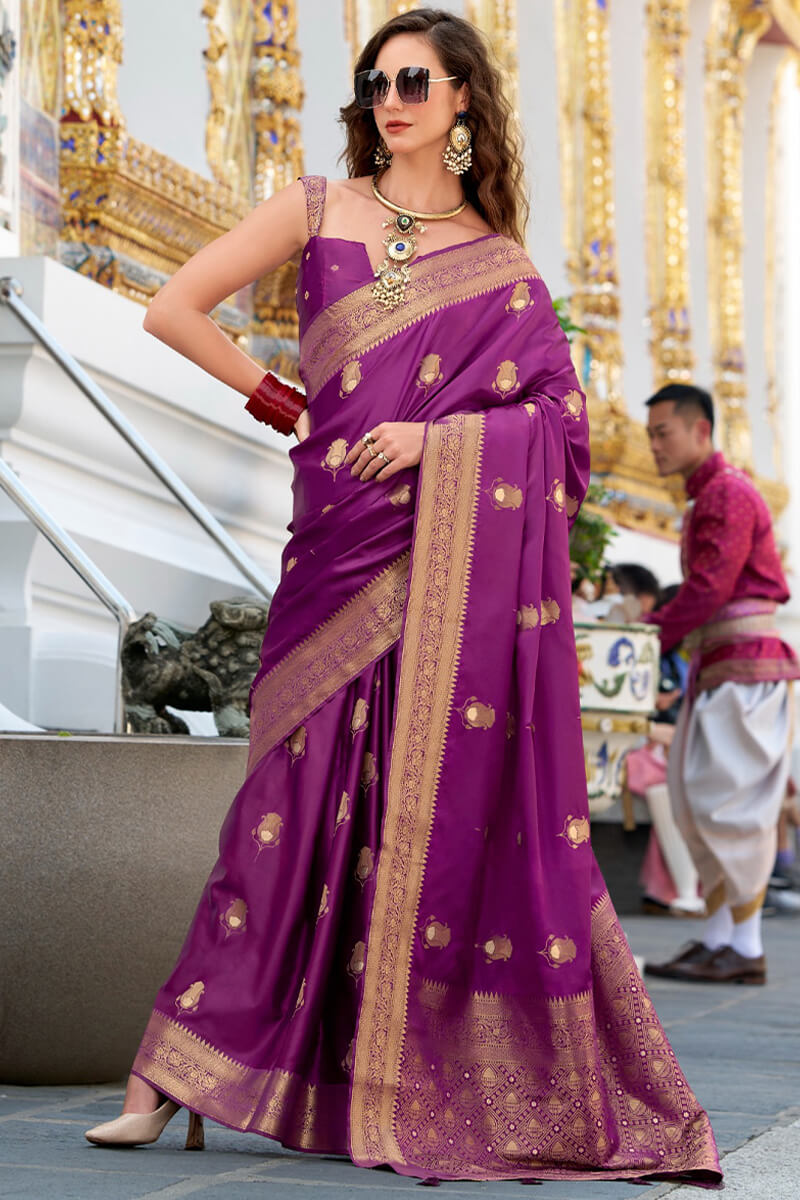 Classic Purple Banarasi Satin Silk Saree With Invaluable Blouse