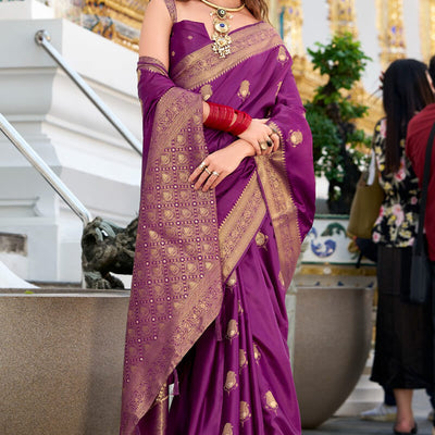 Classic Purple Banarasi Satin Silk Saree With Invaluable Blouse
