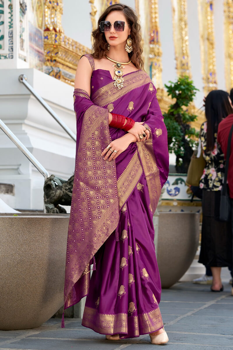 Classic Purple Banarasi Satin Silk Saree With Invaluable Blouse