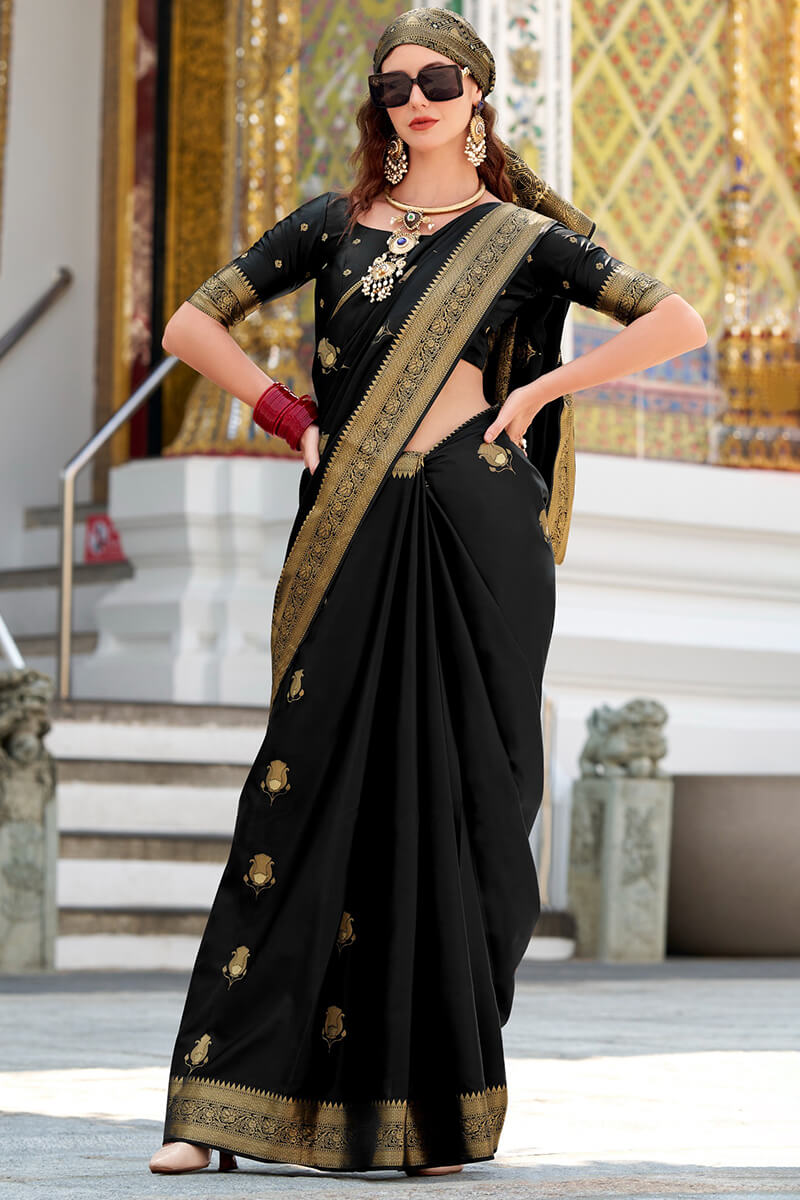 Classic Black Banarasi Satin Silk Saree With Exquisite Blouse