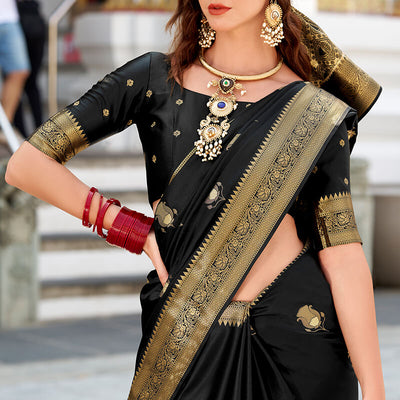 Classic Black Banarasi Satin Silk Saree With Exquisite Blouse