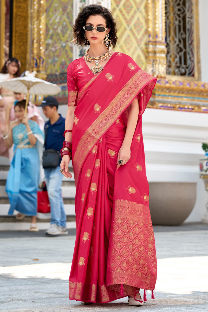 Scrupulous Dark Pink Banarasi Satin Silk Saree With Devastating Blouse