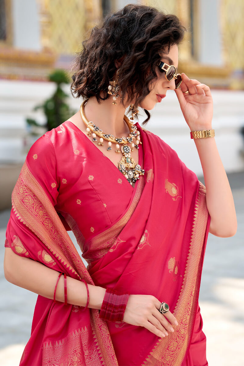 Scrupulous Dark Pink Banarasi Satin Silk Saree With Devastating Blouse