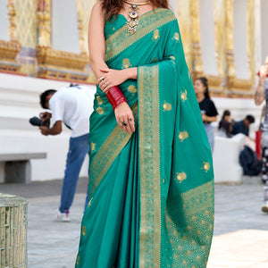 Groovy Turquoise Banarasi Satin Silk Saree With Murmurous Blouse