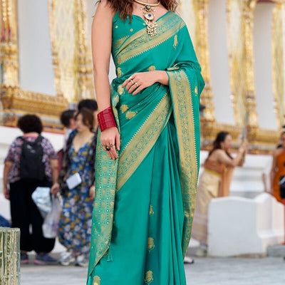 Groovy Turquoise Banarasi Satin Silk Saree With Murmurous Blouse