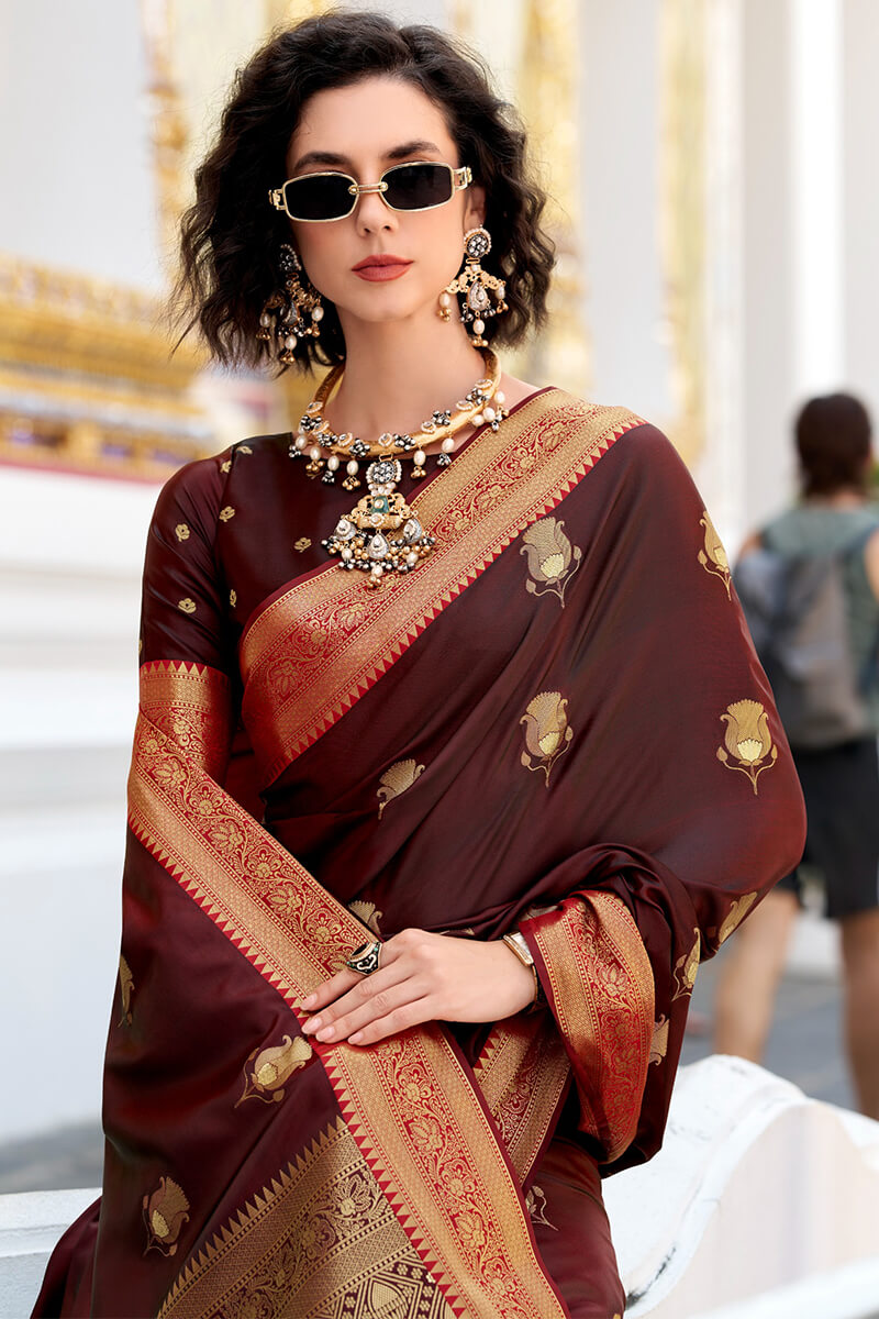 Ravishing Brown Banarasi Satin Silk Saree With Luxuriant Blouse