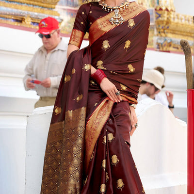 Ravishing Brown Banarasi Satin Silk Saree With Luxuriant Blouse