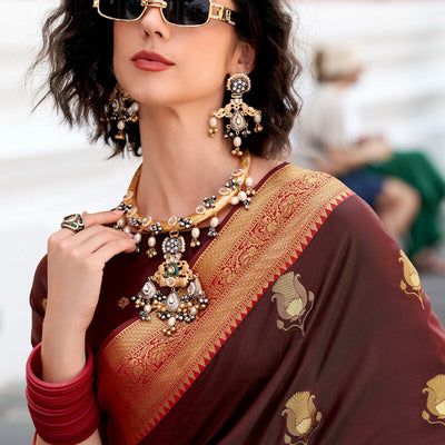 Ravishing Brown Banarasi Satin Silk Saree With Luxuriant Blouse