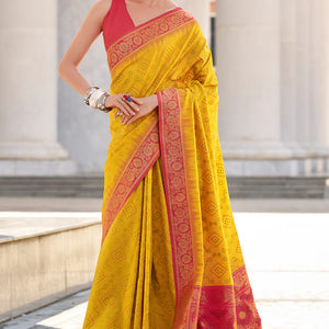 Luminous Yellow Soft Banarasi Silk Saree With Pulsating Blouse Piece