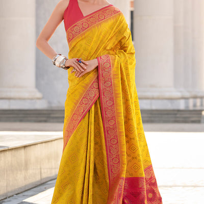 Luminous Yellow Soft Banarasi Silk Saree With Pulsating Blouse Piece