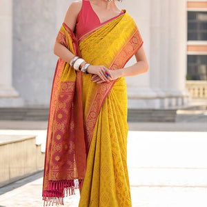 Luminous Yellow Soft Banarasi Silk Saree With Pulsating Blouse Piece