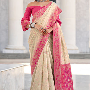 Vibrant Beige Soft Banarasi Silk Saree With Magnetic Blouse Piece