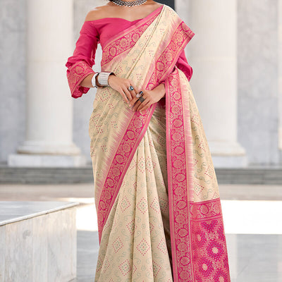 Vibrant Beige Soft Banarasi Silk Saree With Magnetic Blouse Piece