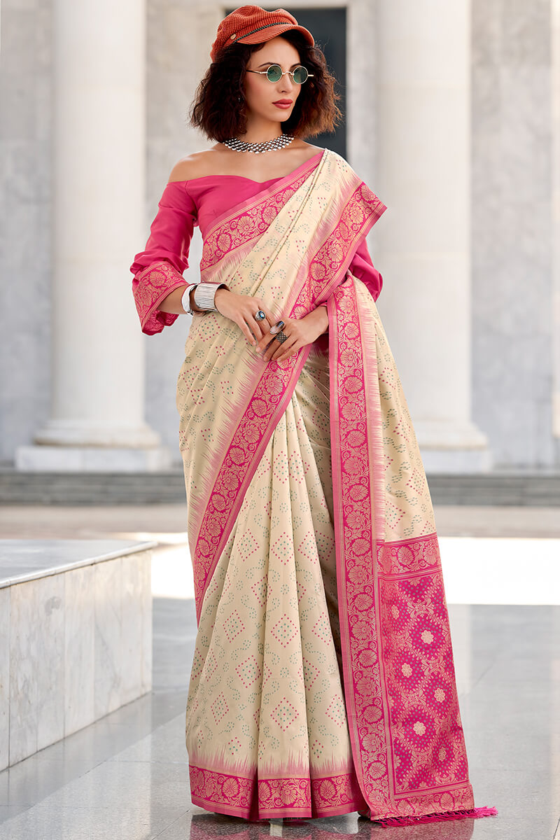 Vibrant Beige Soft Banarasi Silk Saree With Magnetic Blouse Piece