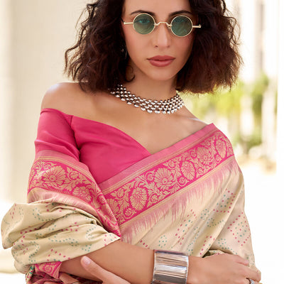 Vibrant Beige Soft Banarasi Silk Saree With Magnetic Blouse Piece
