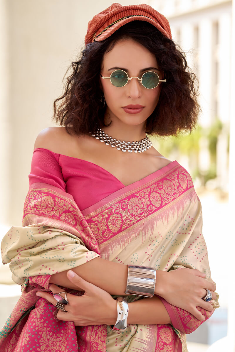 Vibrant Beige Soft Banarasi Silk Saree With Magnetic Blouse Piece