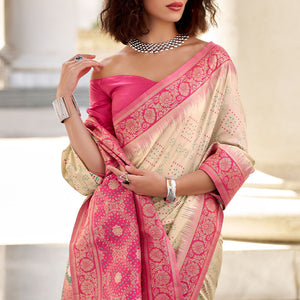 Vibrant Beige Soft Banarasi Silk Saree With Magnetic Blouse Piece