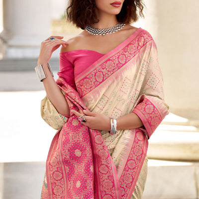 Vibrant Beige Soft Banarasi Silk Saree With Magnetic Blouse Piece