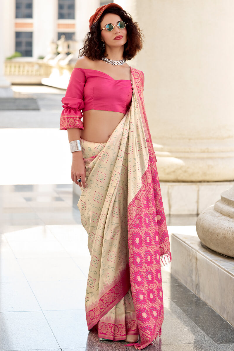 Vibrant Beige Soft Banarasi Silk Saree With Magnetic Blouse Piece