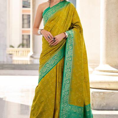 Symmetrical Mehndi Soft Banarasi Silk Saree With Splendiferous Blouse Piece