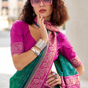 Efflorescence Dark Green Soft Banarasi Silk Saree With Inimitable Blouse Piece