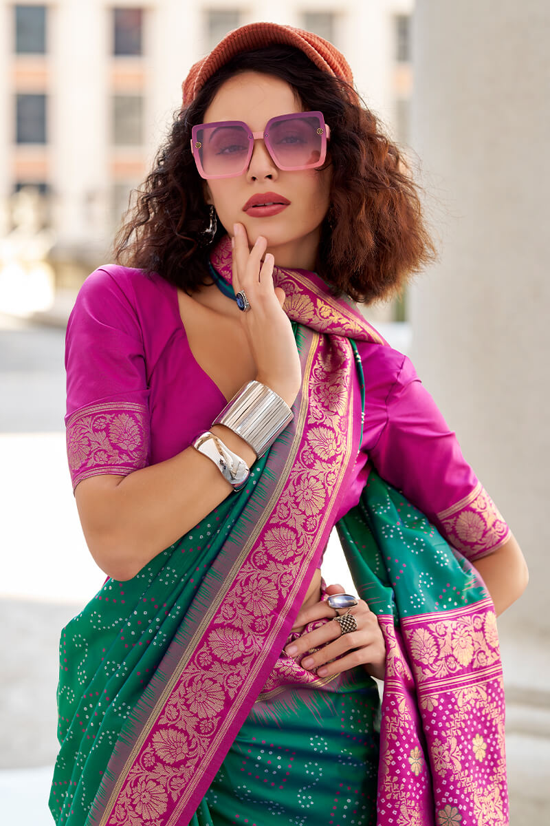 Efflorescence Dark Green Soft Banarasi Silk Saree With Inimitable Blouse Piece